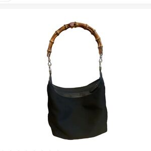 GUCCI Elegant Dark Blue Bamboo Handle Women's Bag Vintage